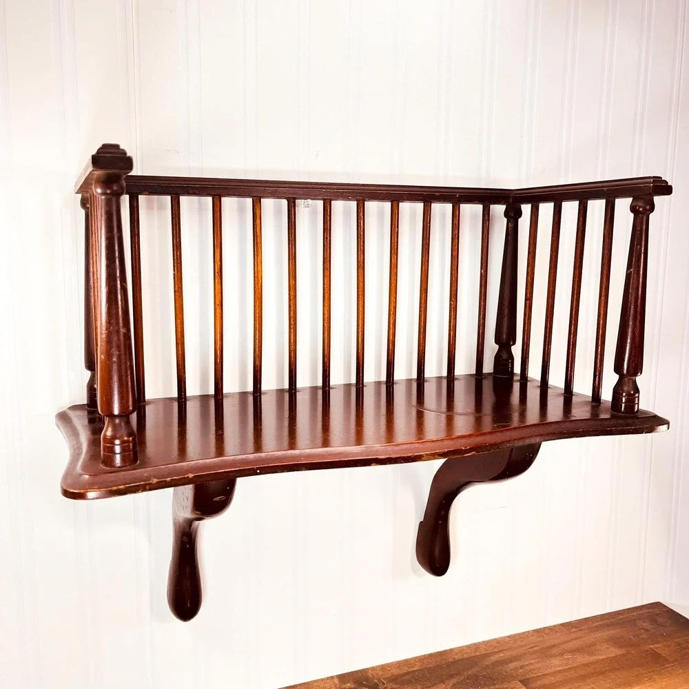 Rare‎ Vintage Fiddle Rail Shelf: Mahogany Wooden Book Rack